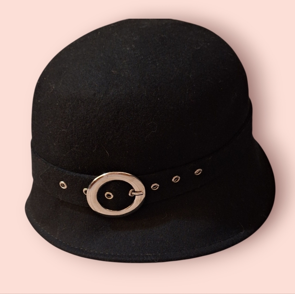 Black Wool Cloche Hat Silver Buckle